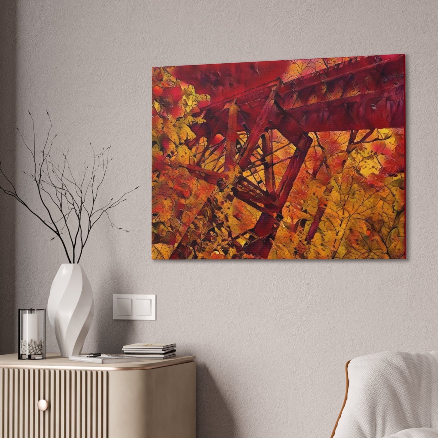 Vibrant Autumn Bridge Landscape Wall Decor