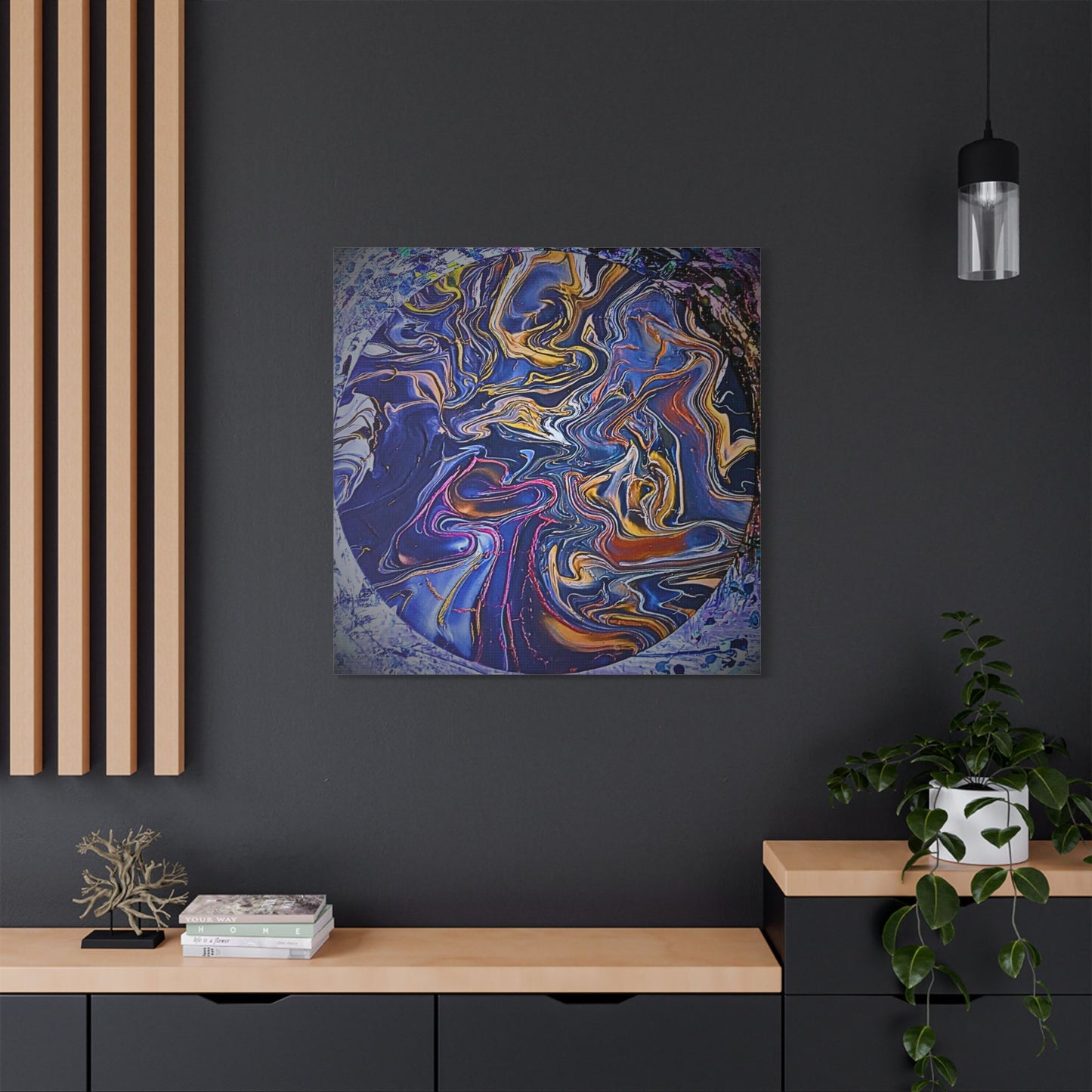 Abstract Blue Gold Swirl Satin Canvas Stretched Print | Fluid Art Wall Decor