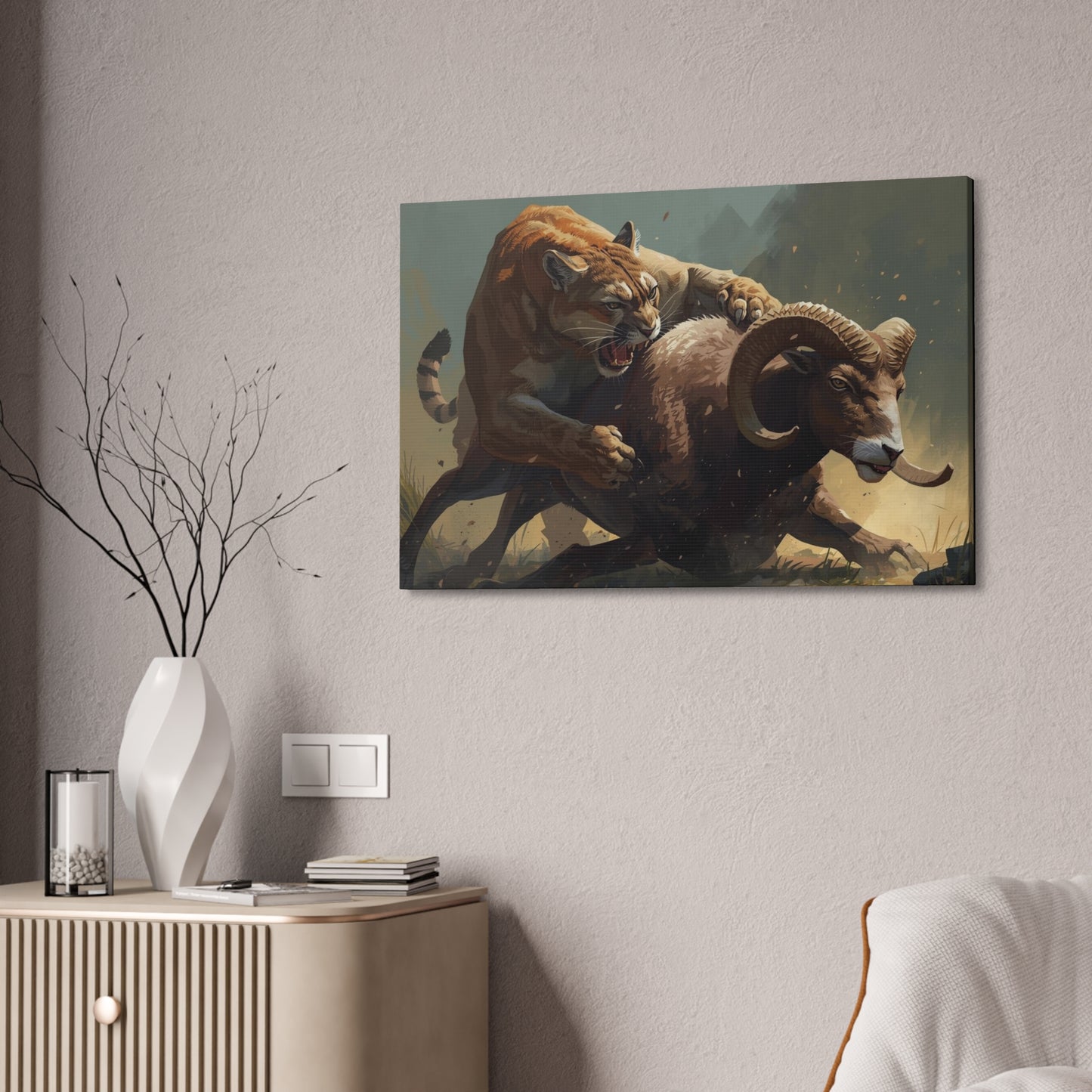 Canvas Art: Wildlife Mountain Lion vs Ram