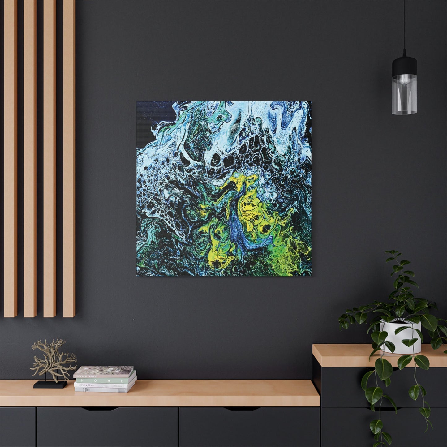 Hand Painted Abstract Ocean Fluid Art Print Satin Canvas Stretched | Blue Green Yellow