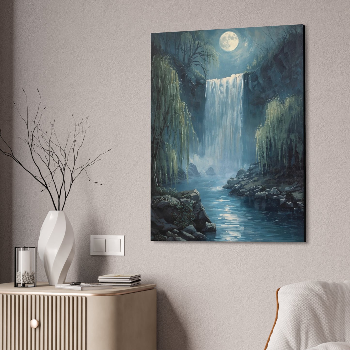 Moonlit Waterfall Canvas Art Print, Tranquil Wall Decor, Nature Landscape, Home Office Decoration, Gift for Nature Lovers, Serene Artwork