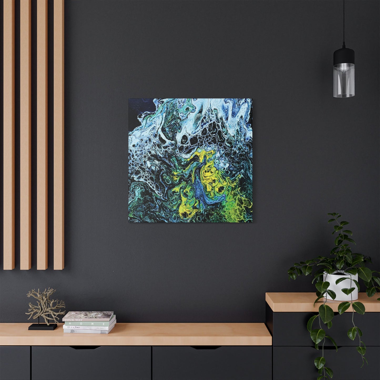 Hand Painted Abstract Ocean Fluid Art Print Satin Canvas Stretched | Blue Green Yellow