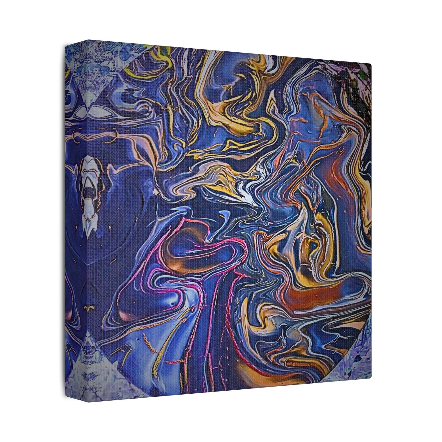 Abstract Blue Gold Swirl Satin Canvas Stretched Print | Fluid Art Wall Decor