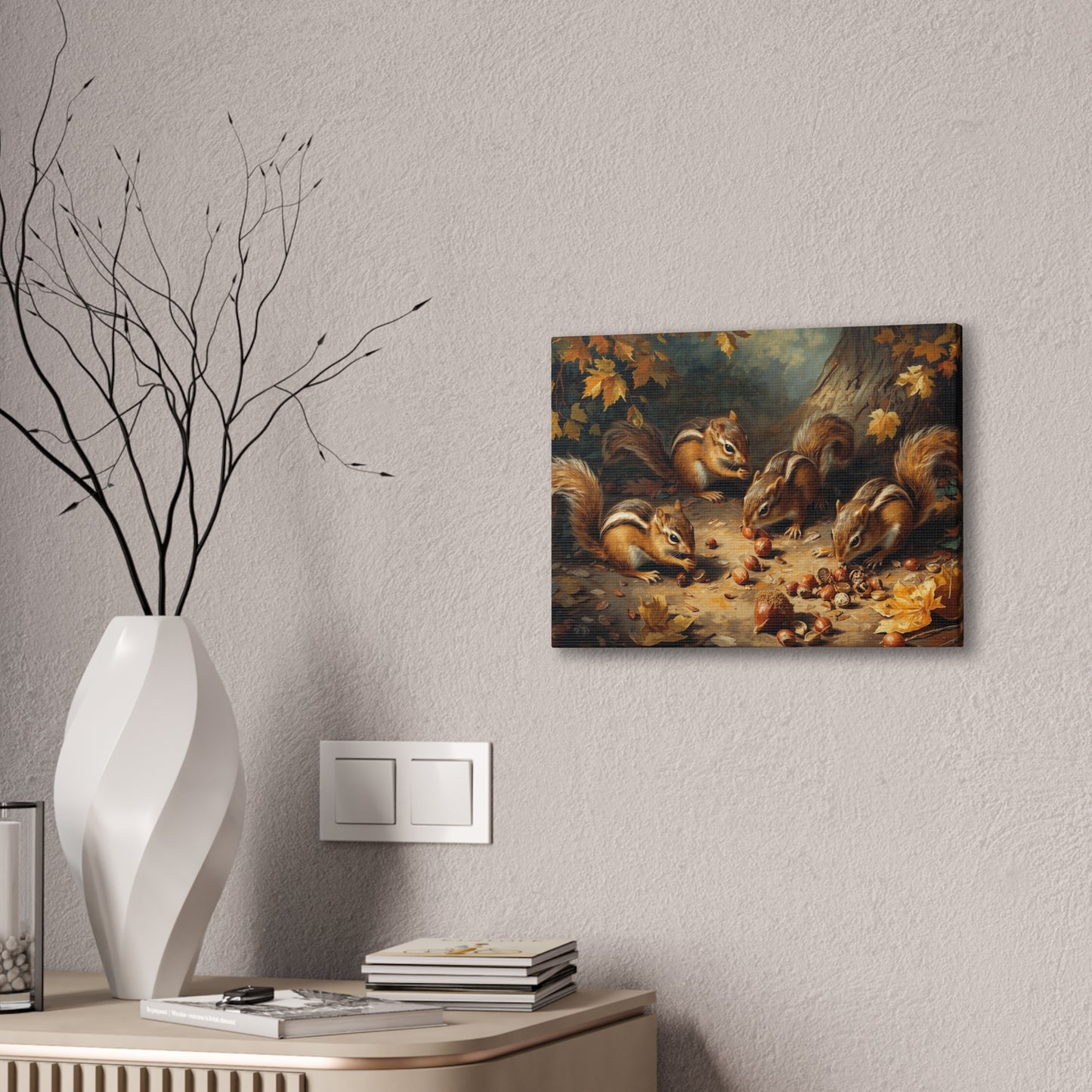 Canvas Wall Art, Chipmunks Gathering Acorns