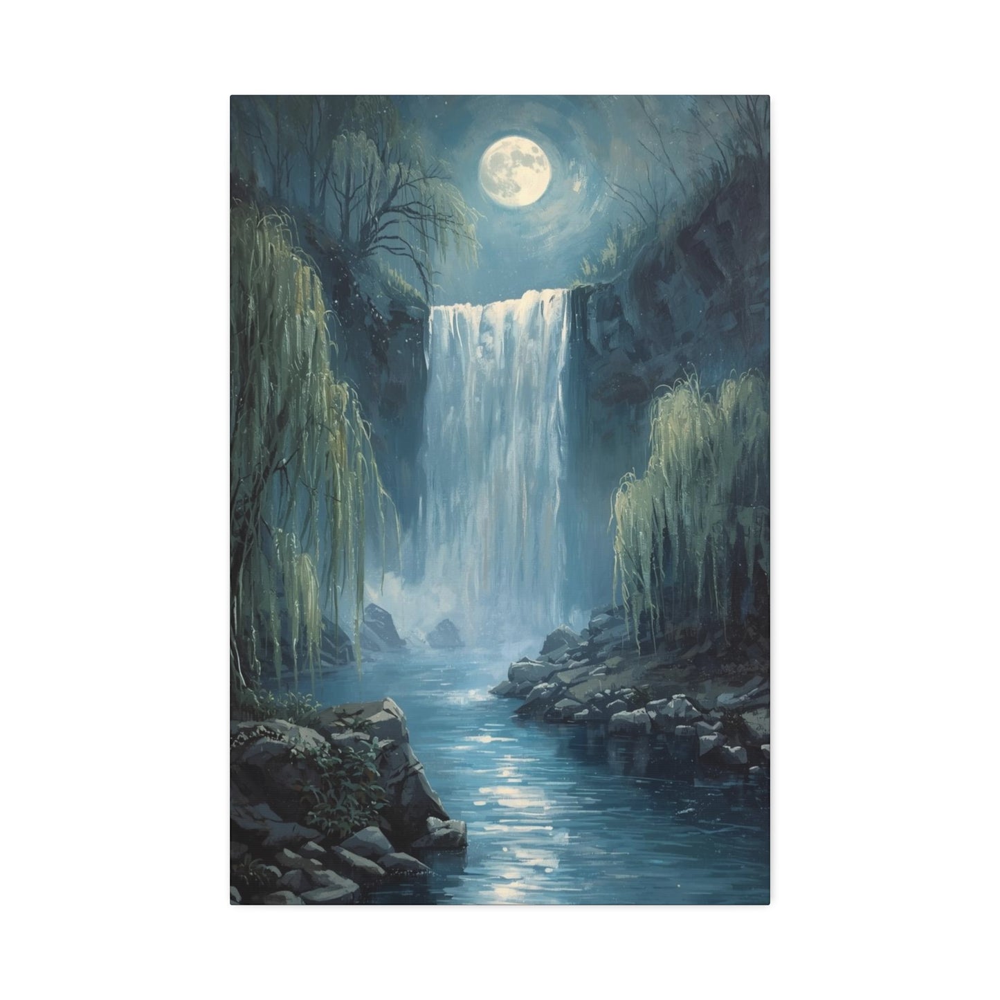 Moonlit Waterfall Canvas Art Print, Tranquil Wall Decor, Nature Landscape, Home Office Decoration, Gift for Nature Lovers, Serene Artwork