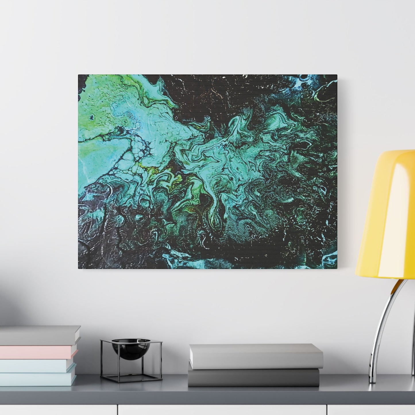 Hand Painted  "Turquoise Inception" Print Marble Abstract Satin Canvas Stretched | Fluid Art Wall Decor