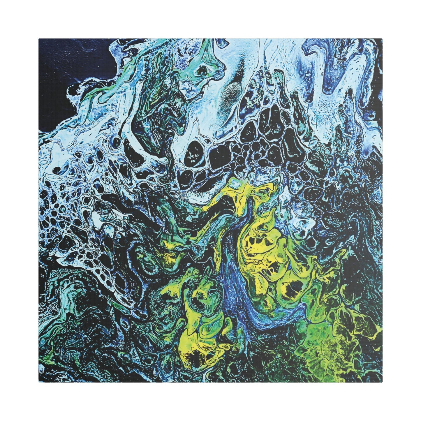 Hand Painted Abstract Ocean Fluid Art Print Satin Canvas Stretched | Blue Green Yellow