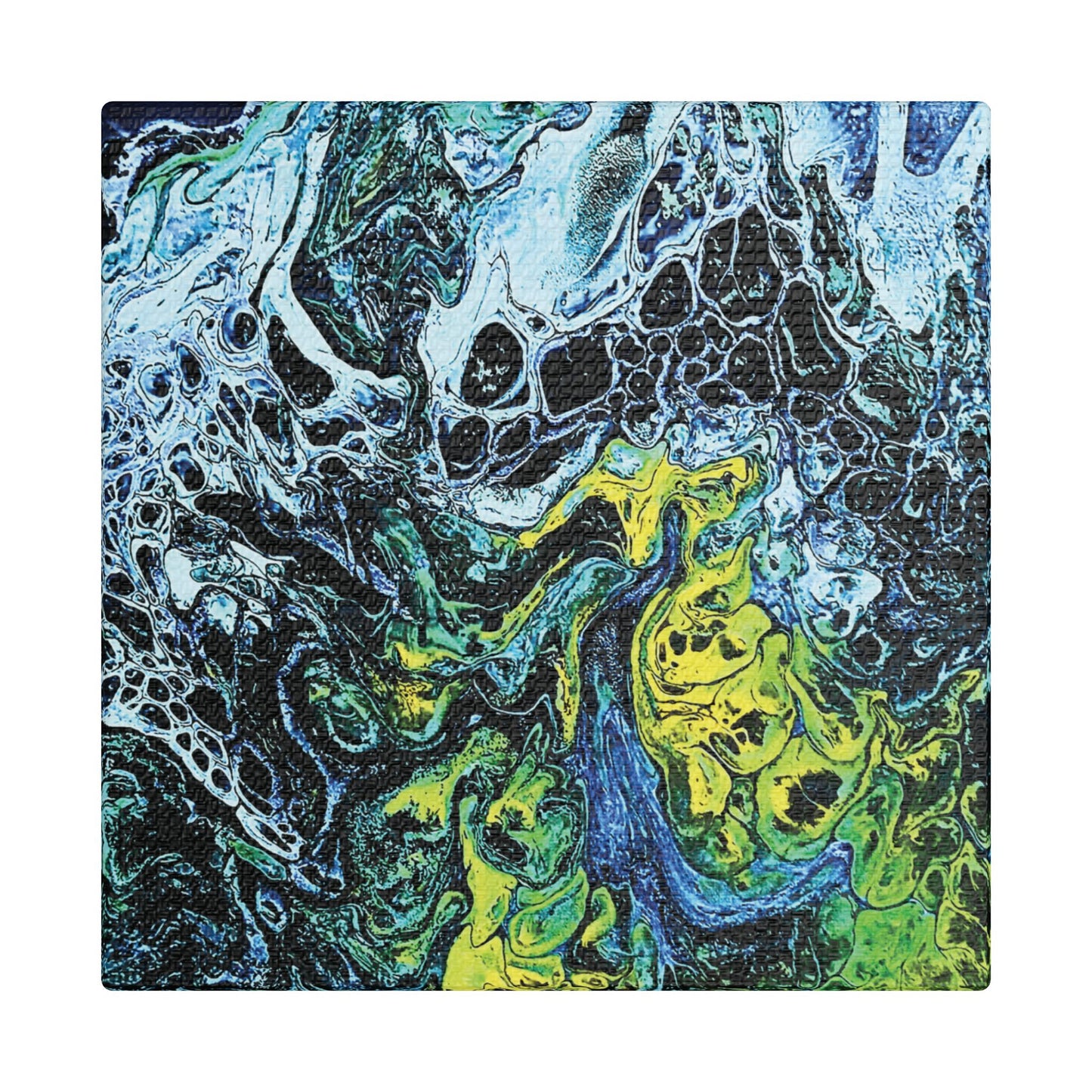 Hand Painted Abstract Ocean Fluid Art Print Satin Canvas Stretched | Blue Green Yellow