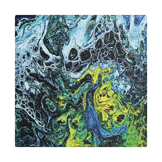 Hand Painted Abstract Ocean Fluid Art Print Satin Canvas Stretched | Blue Green Yellow