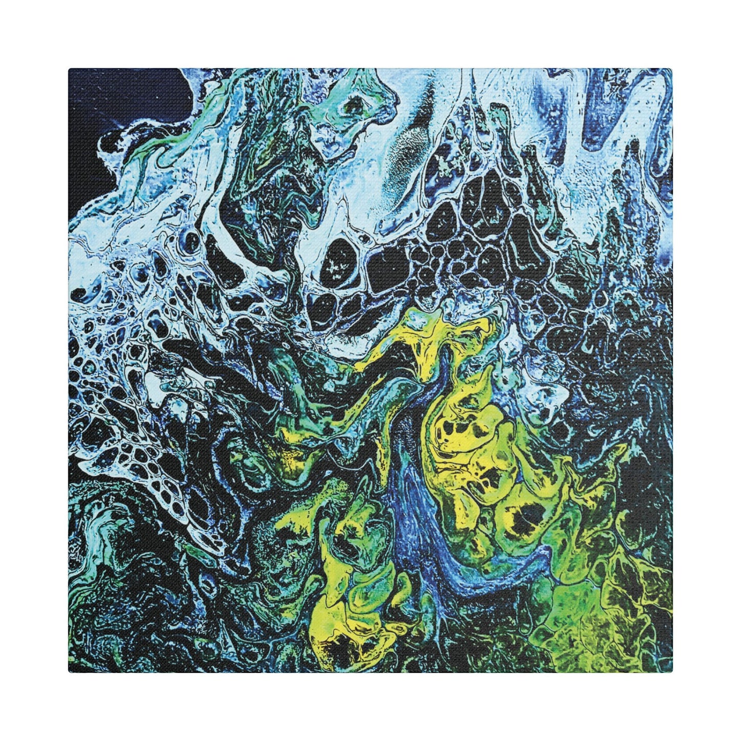 Hand Painted Abstract Ocean Fluid Art Print Satin Canvas Stretched | Blue Green Yellow