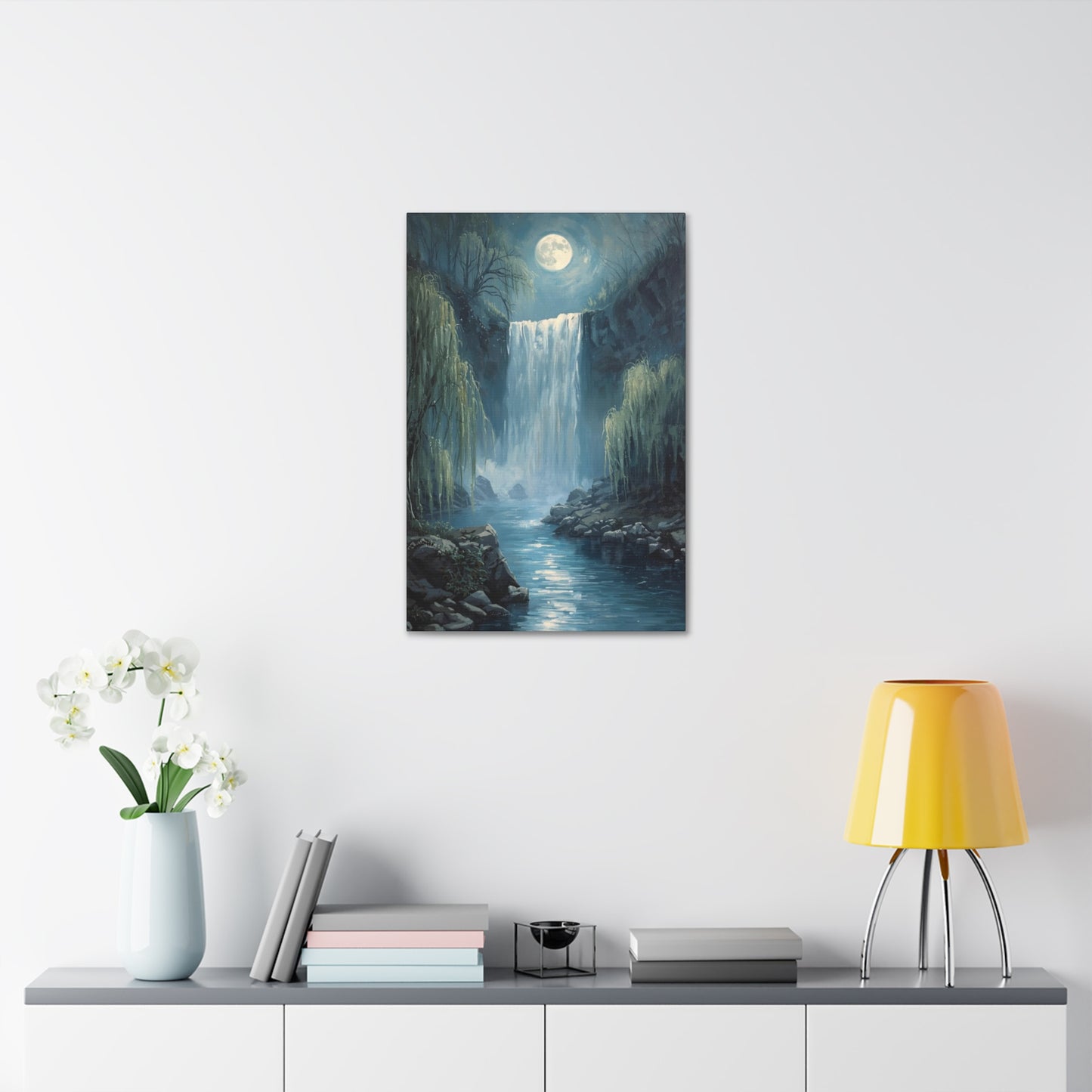 Moonlit Waterfall Canvas Art Print, Tranquil Wall Decor, Nature Landscape, Home Office Decoration, Gift for Nature Lovers, Serene Artwork