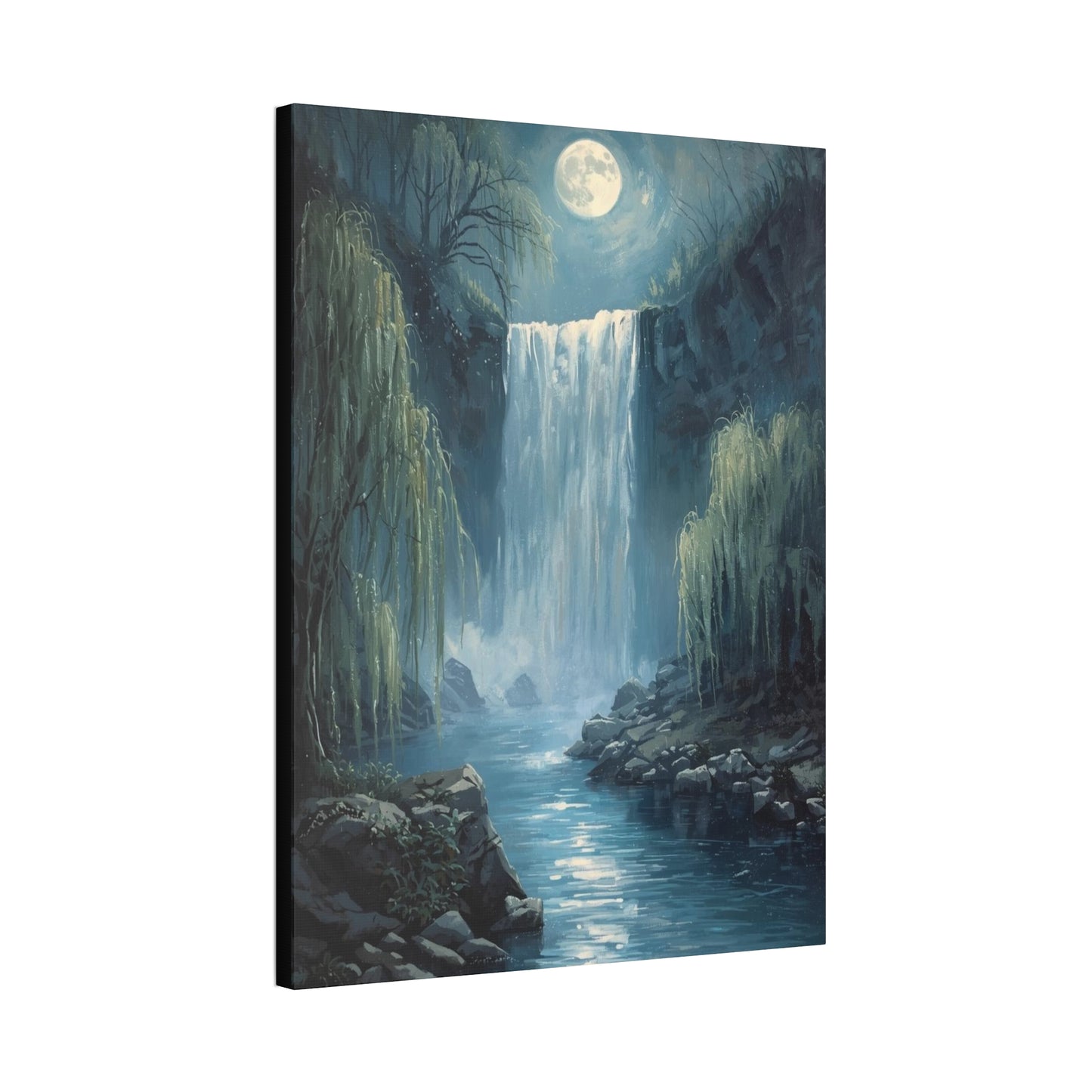 Moonlit Waterfall Canvas Art Print, Tranquil Wall Decor, Nature Landscape, Home Office Decoration, Gift for Nature Lovers, Serene Artwork