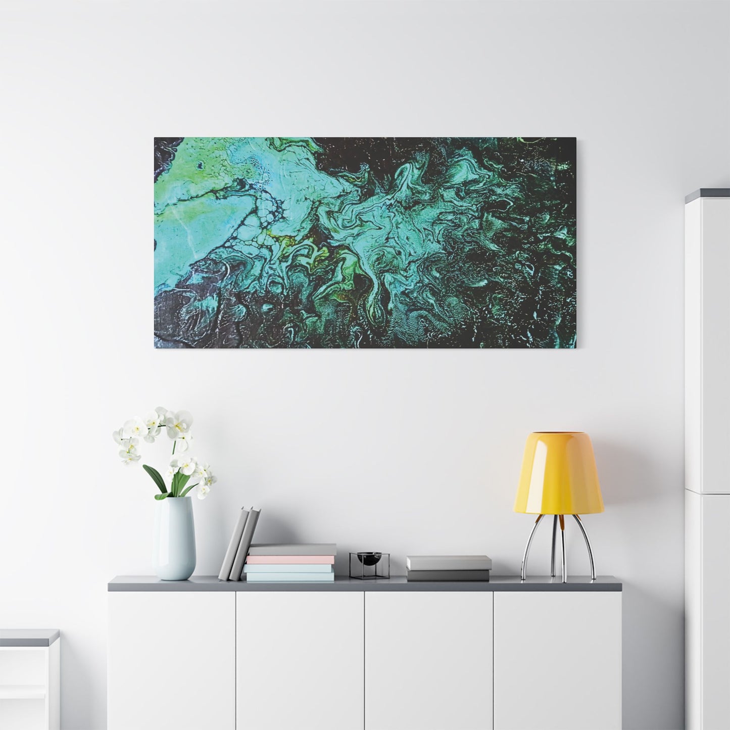 Hand Painted  "Turquoise Inception" Print Marble Abstract Satin Canvas Stretched | Fluid Art Wall Decor