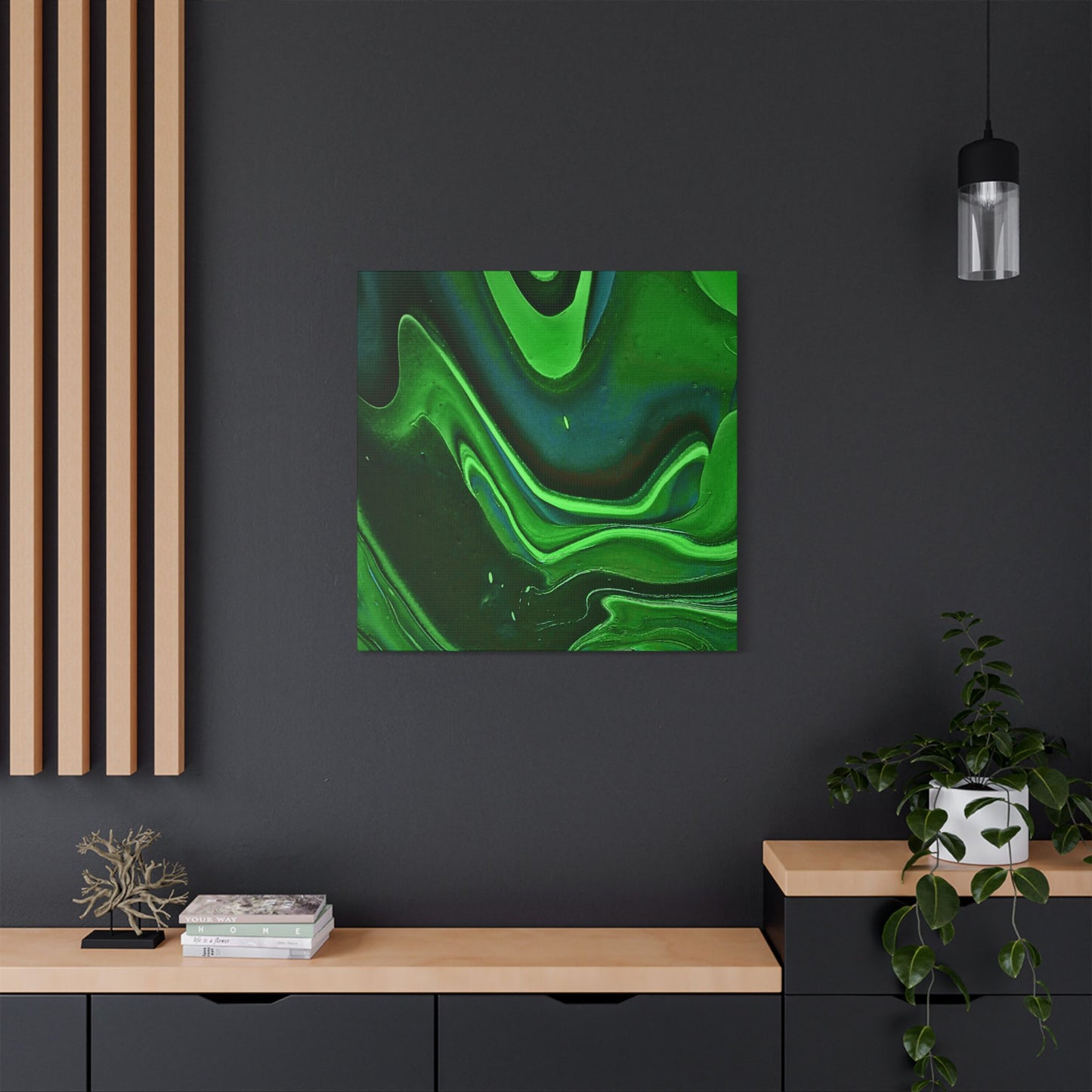 Hand Painted Abstract Green Fluid Art Satin Stretched Canvas Wall Art Print