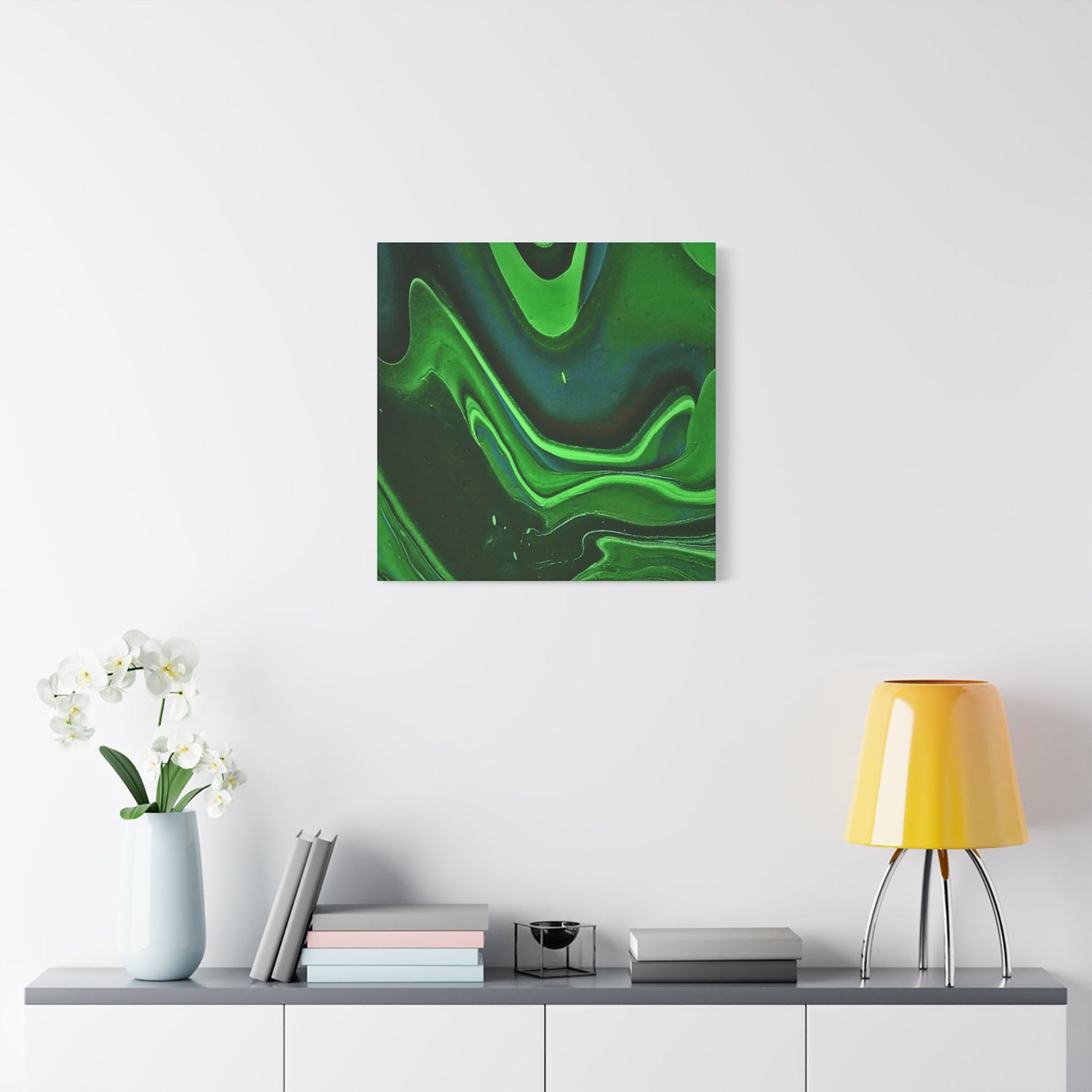 Hand Painted Abstract Green Fluid Art Satin Stretched Canvas Wall Art Print