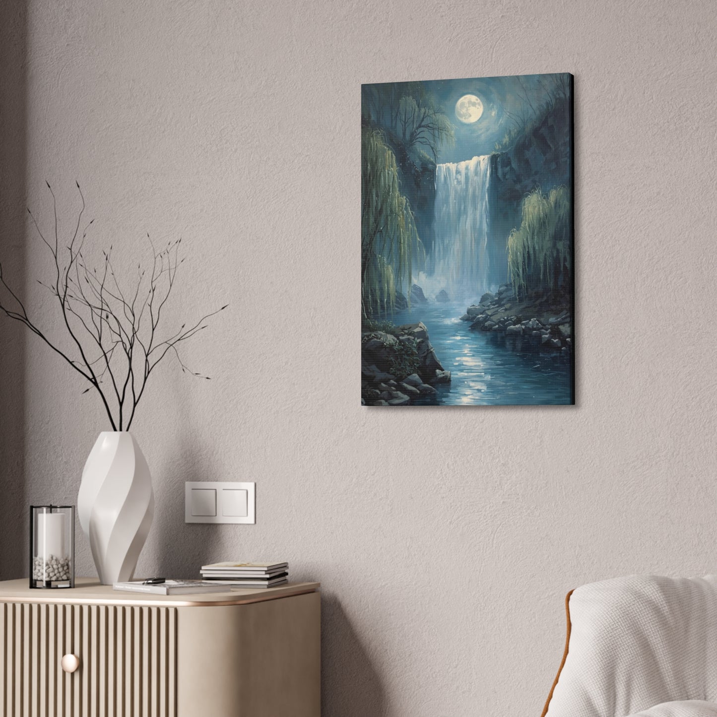 Moonlit Waterfall Canvas Art Print, Tranquil Wall Decor, Nature Landscape, Home Office Decoration, Gift for Nature Lovers, Serene Artwork