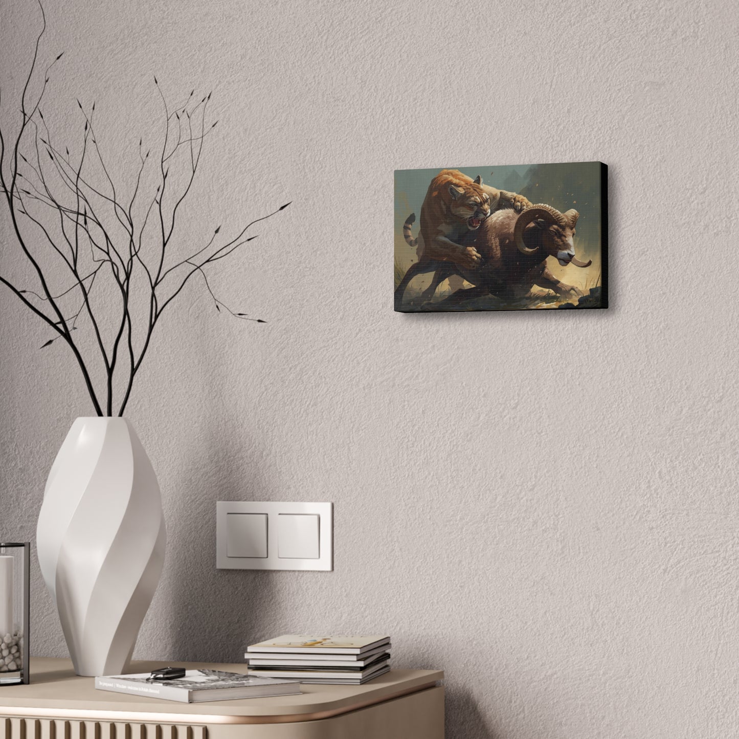 Canvas Art: Wildlife Mountain Lion vs Ram