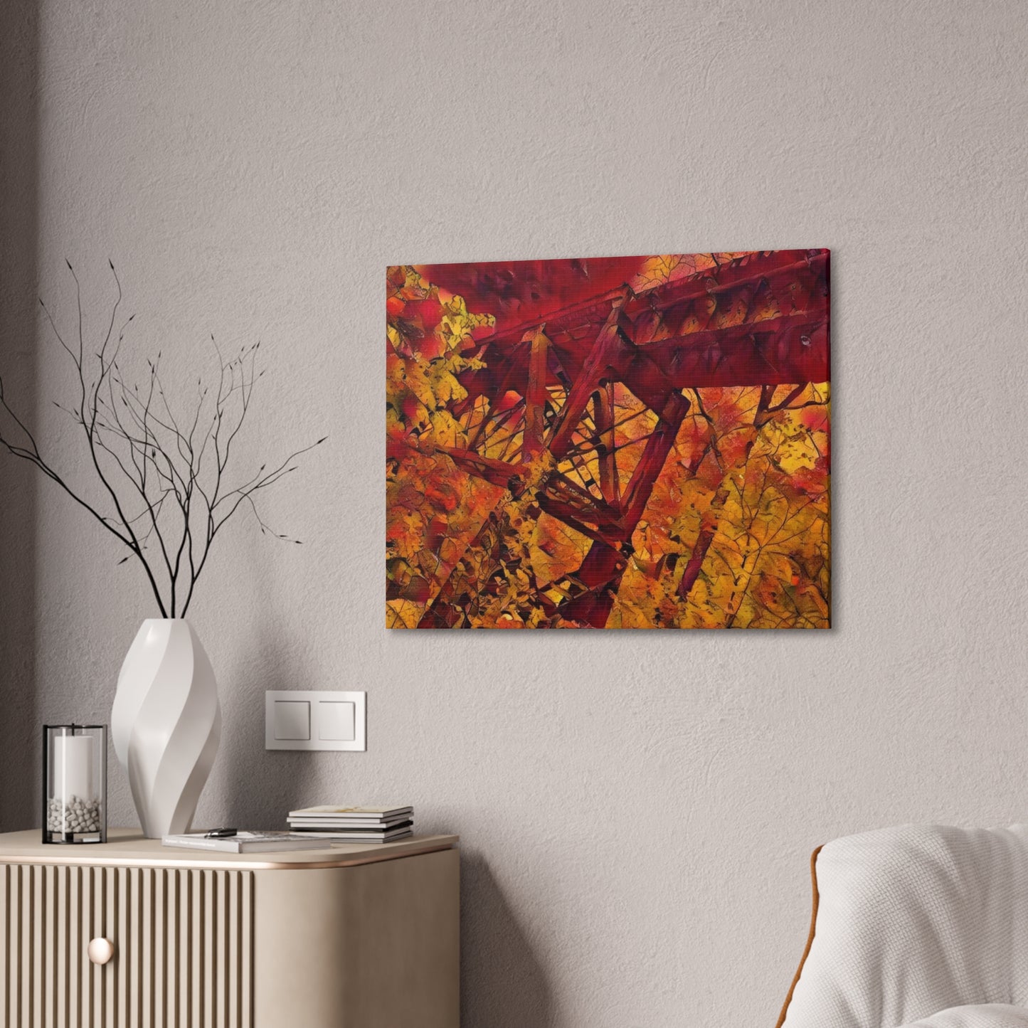 Vibrant Autumn Bridge Landscape Wall Decor