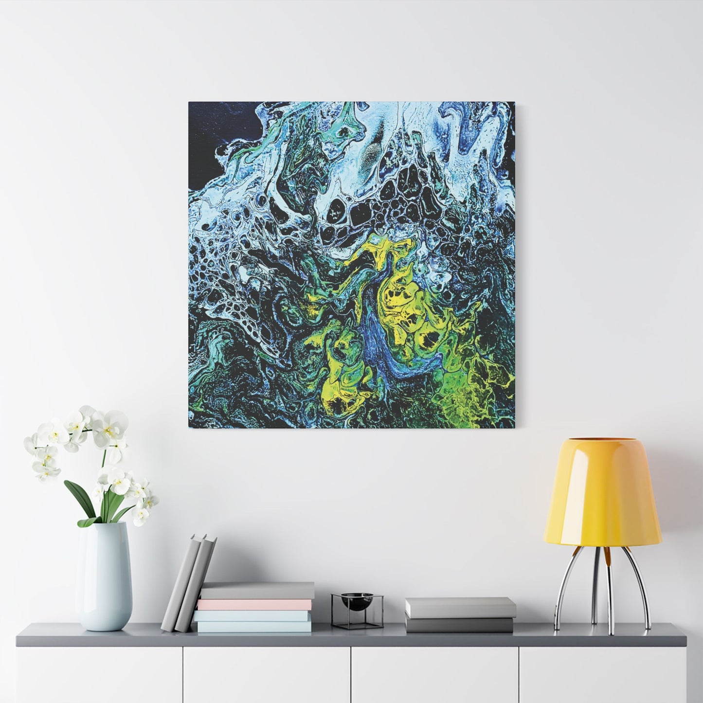 Hand Painted Abstract Ocean Fluid Art Print Satin Canvas Stretched | Blue Green Yellow