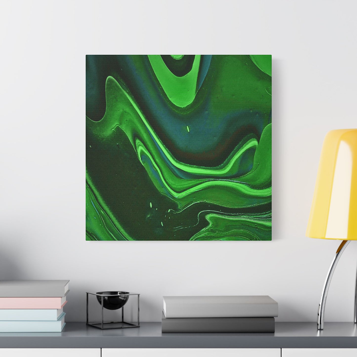 Hand Painted Abstract Green Fluid Art Satin Stretched Canvas Wall Art Print