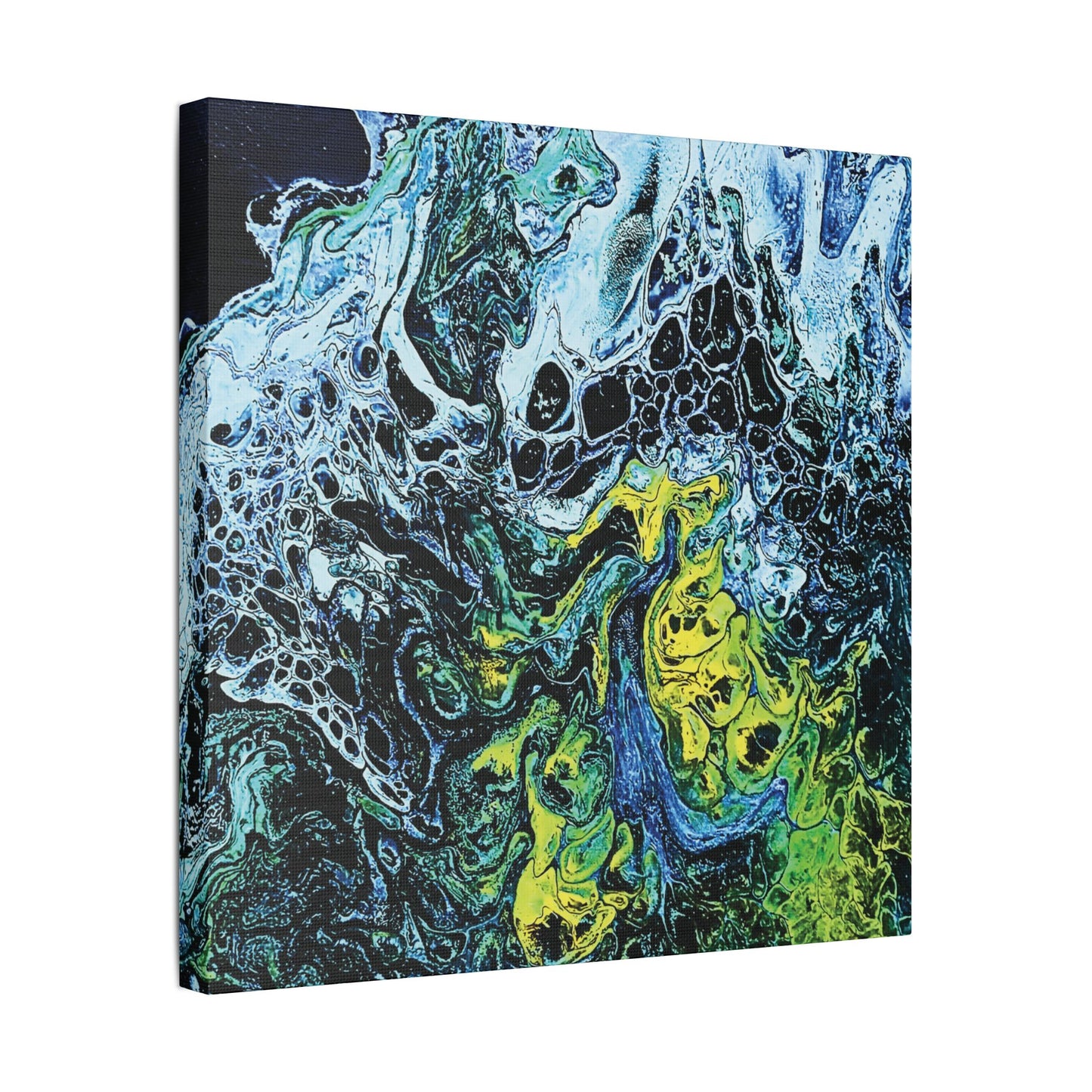Hand Painted Abstract Ocean Fluid Art Print Satin Canvas Stretched | Blue Green Yellow