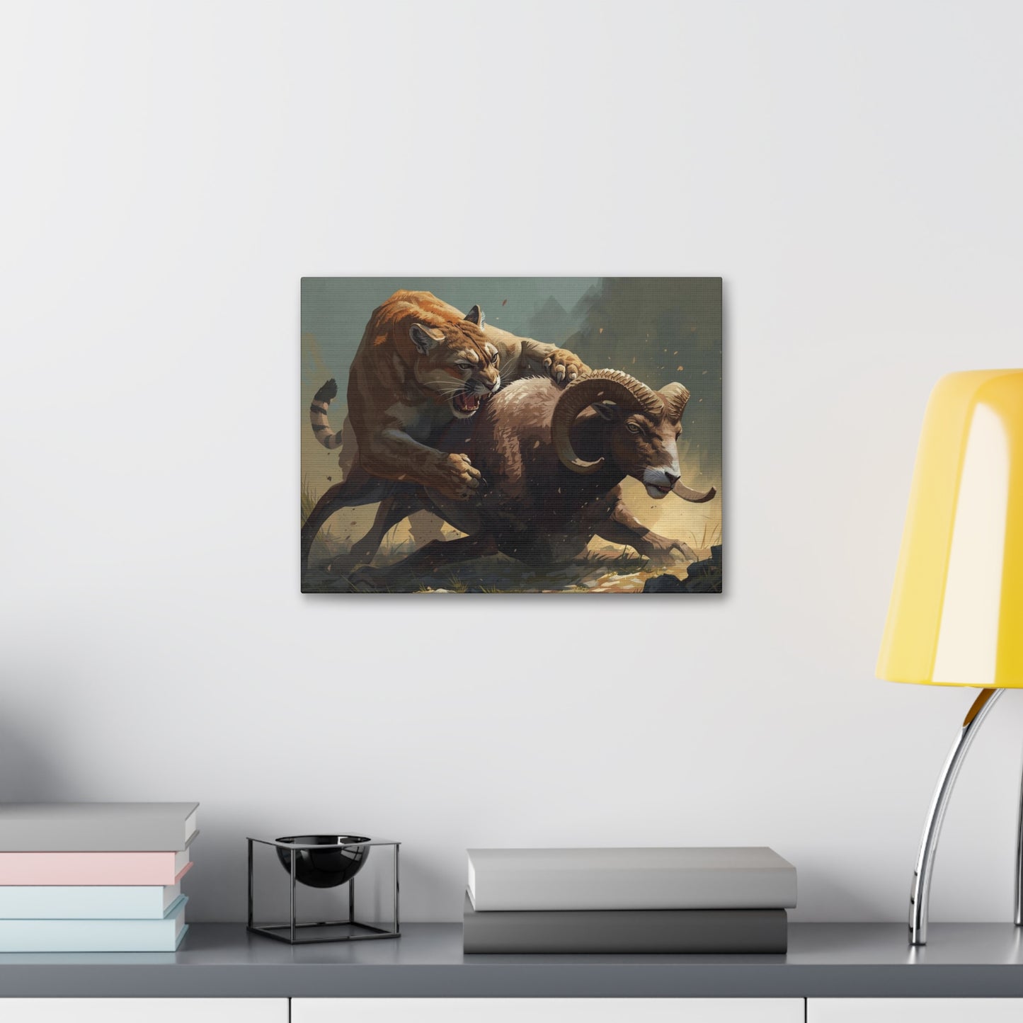 Canvas Art: Wildlife Mountain Lion vs Ram