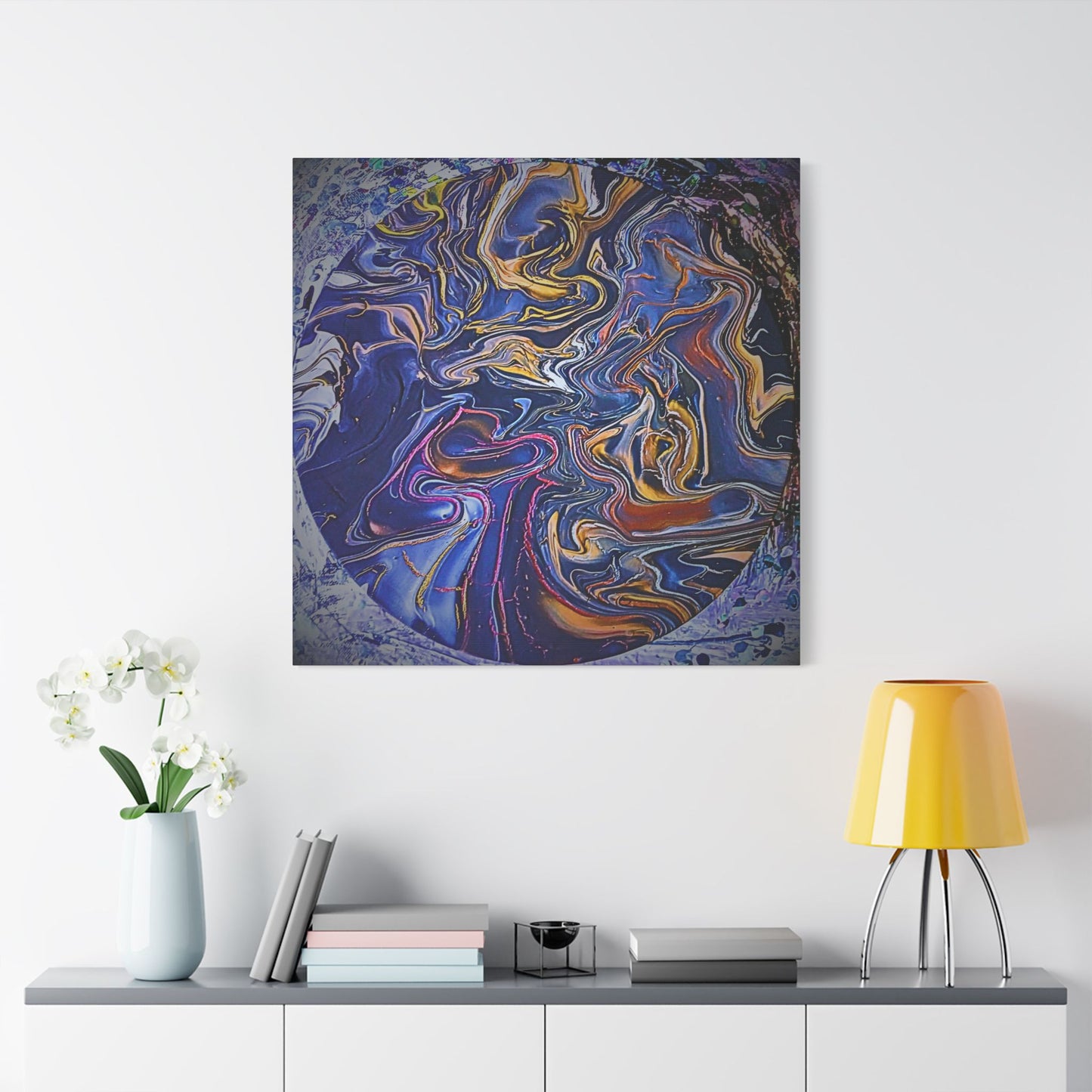Abstract Blue Gold Swirl Satin Canvas Stretched Print | Fluid Art Wall Decor