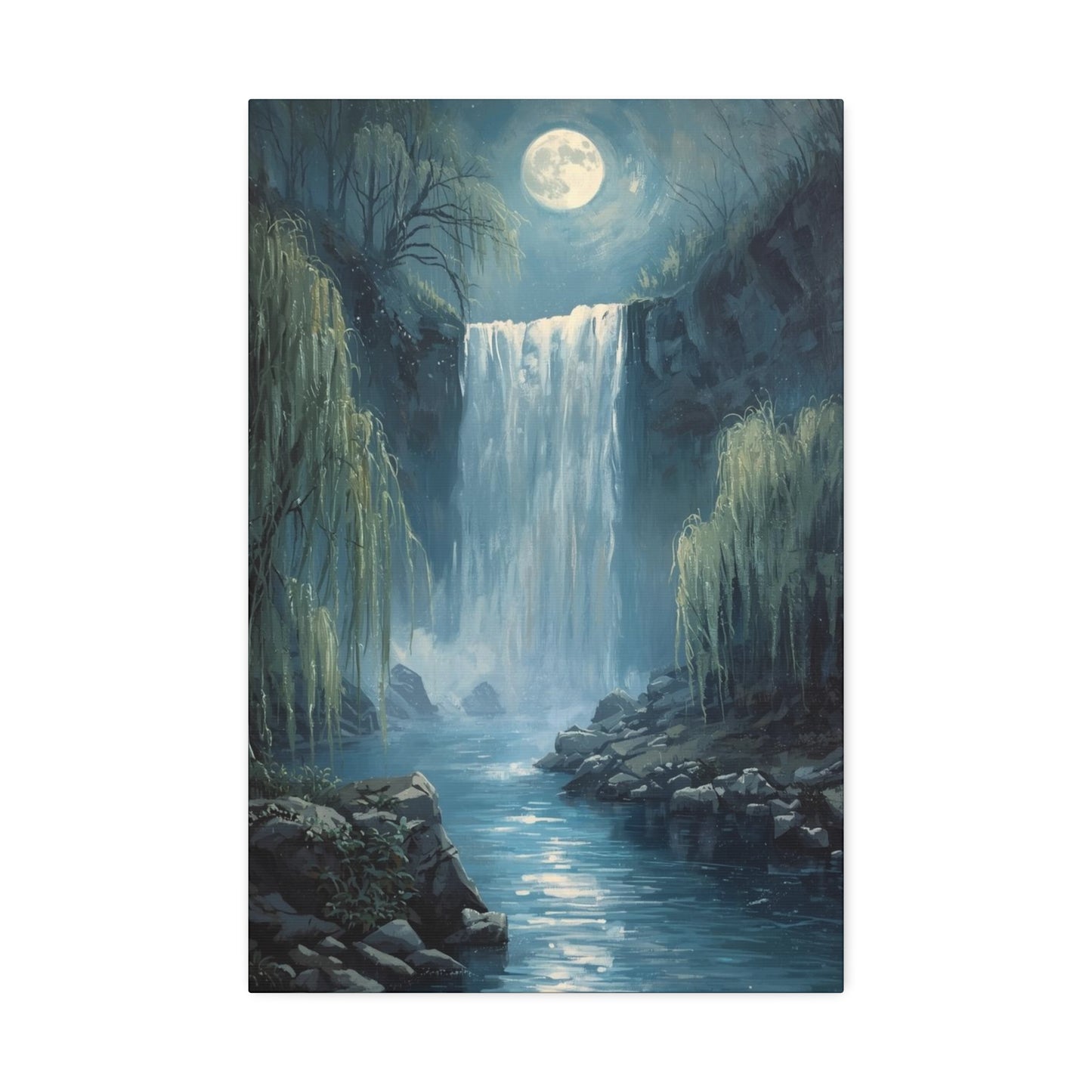 Moonlit Waterfall Canvas Art Print, Tranquil Wall Decor, Nature Landscape, Home Office Decoration, Gift for Nature Lovers, Serene Artwork