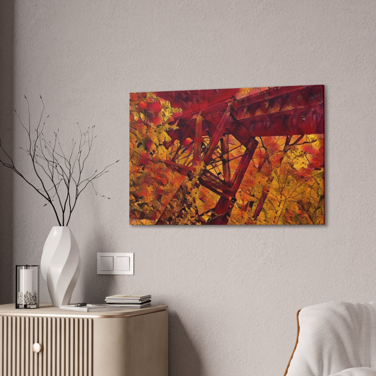 Vibrant Autumn Bridge Landscape Wall Decor