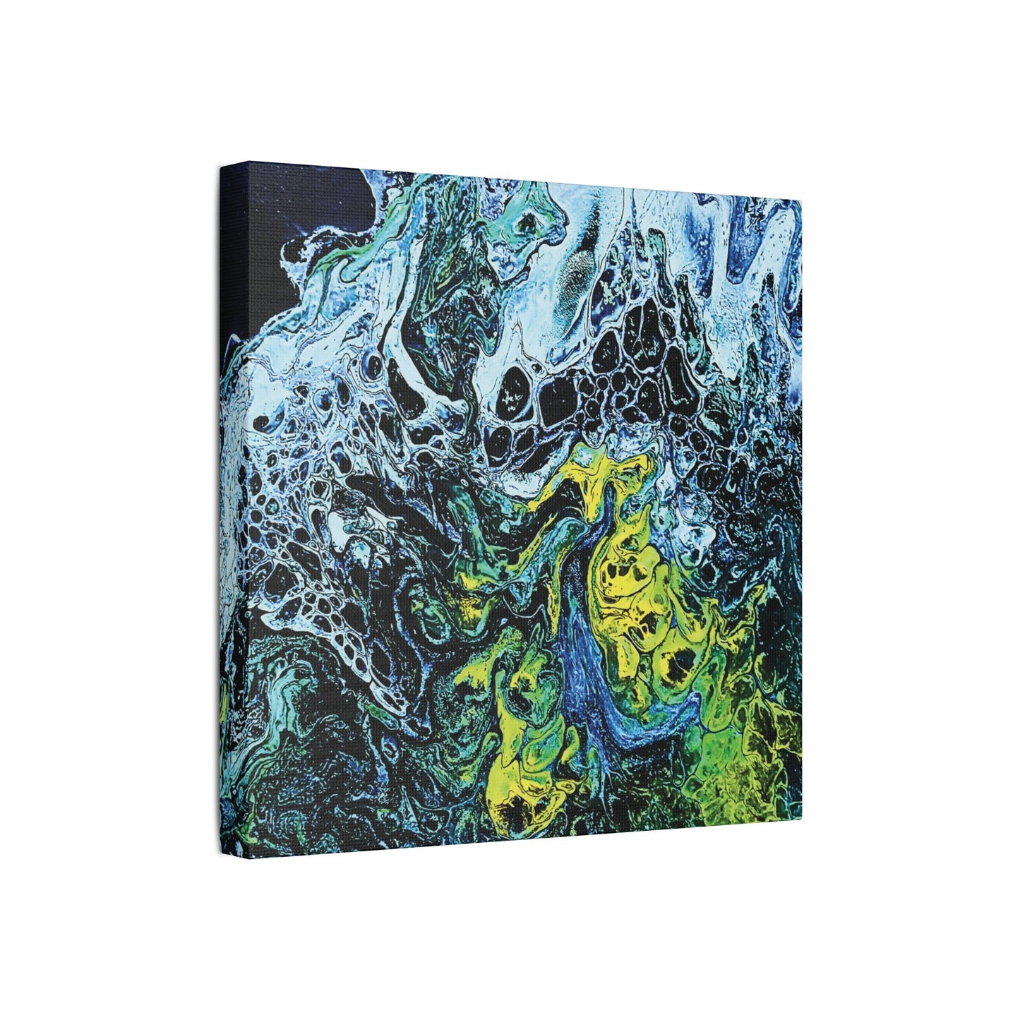 Hand Painted Abstract Ocean Fluid Art Print Satin Canvas Stretched | Blue Green Yellow