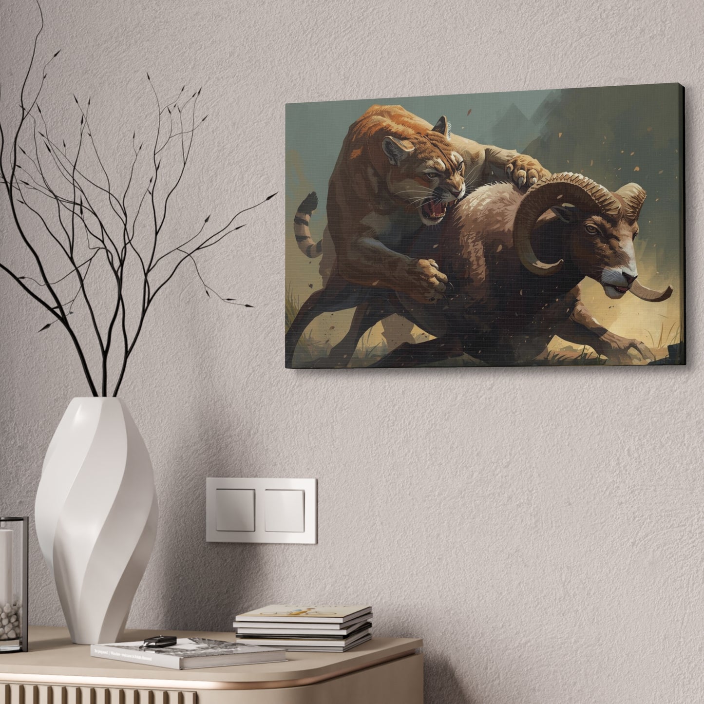 Canvas Art: Wildlife Mountain Lion vs Ram