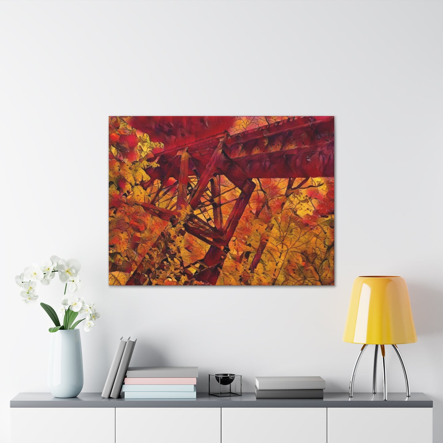 Vibrant Autumn Bridge Landscape Wall Decor