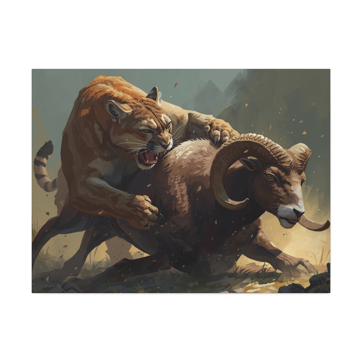 Canvas Art: Wildlife Mountain Lion vs Ram