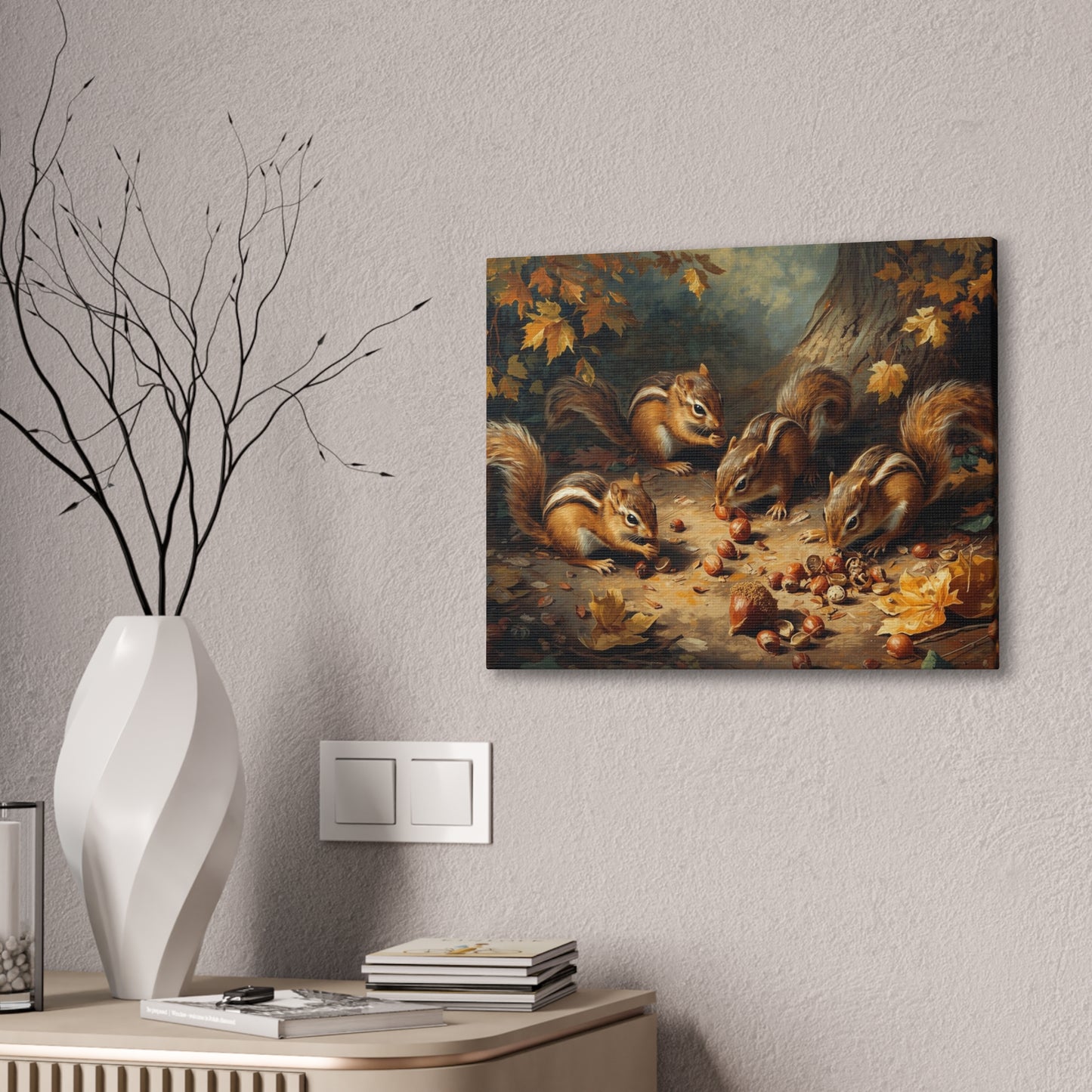Canvas Wall Art, Chipmunks Gathering Acorns