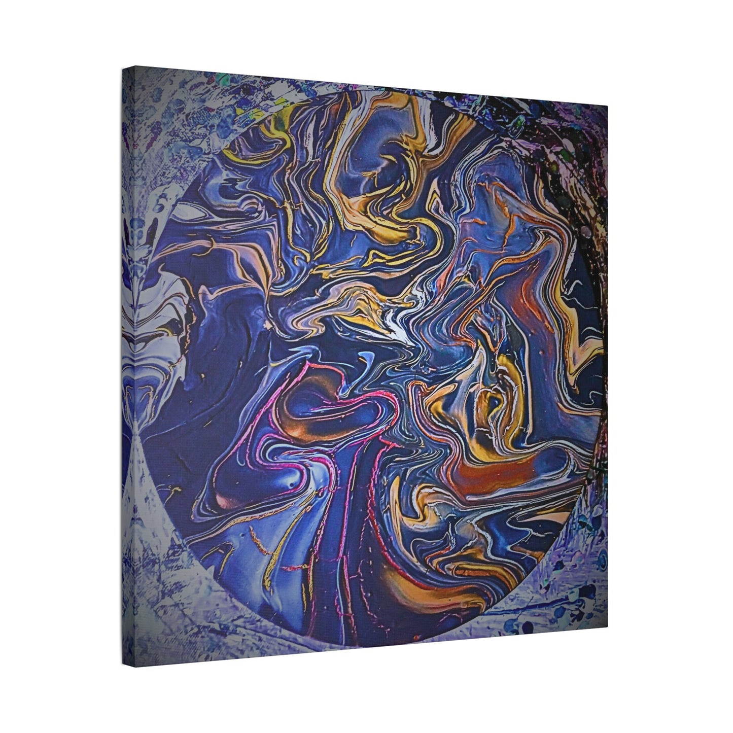 Abstract Blue Gold Swirl Satin Canvas Stretched Print | Fluid Art Wall Decor