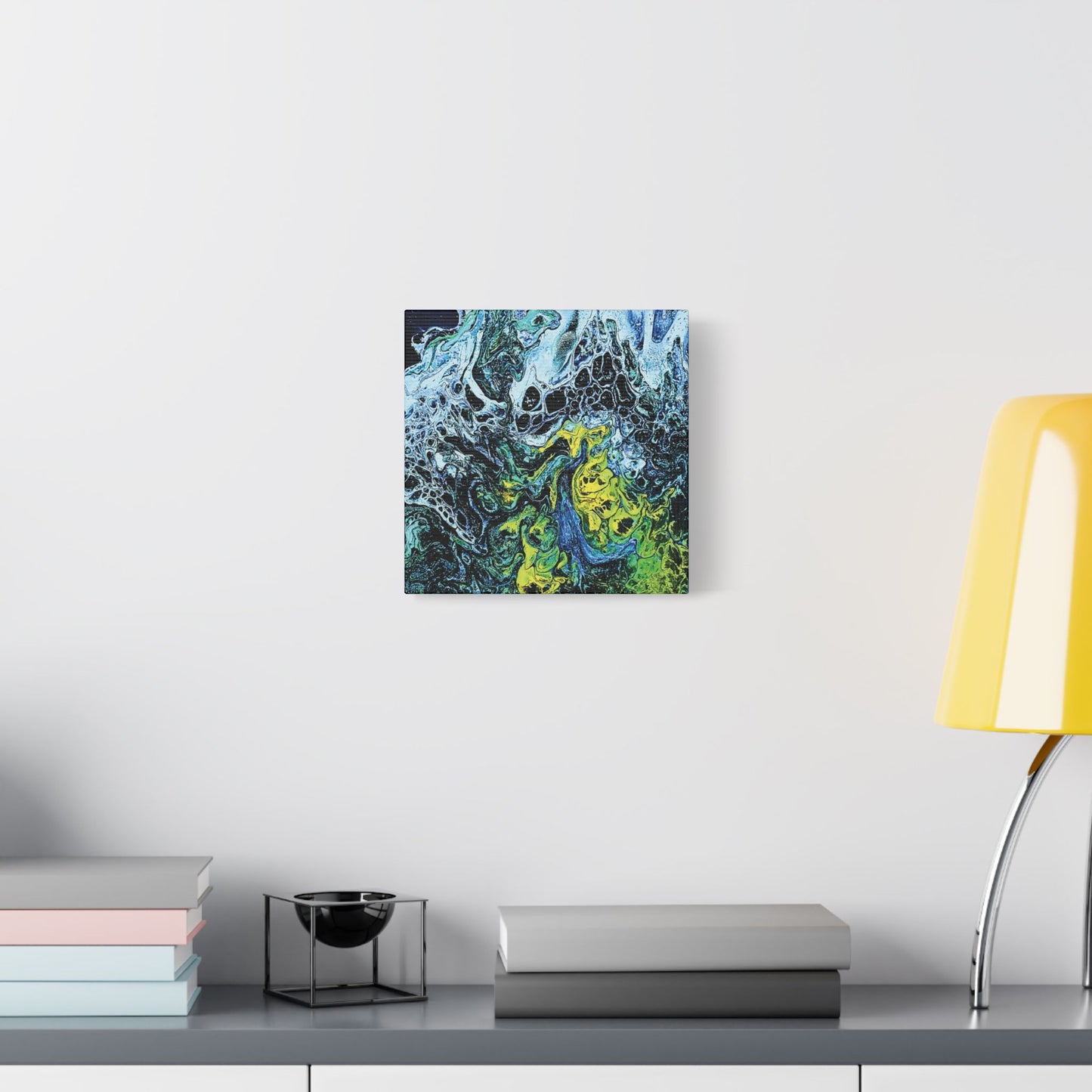 Hand Painted Abstract Ocean Fluid Art Print Satin Canvas Stretched | Blue Green Yellow