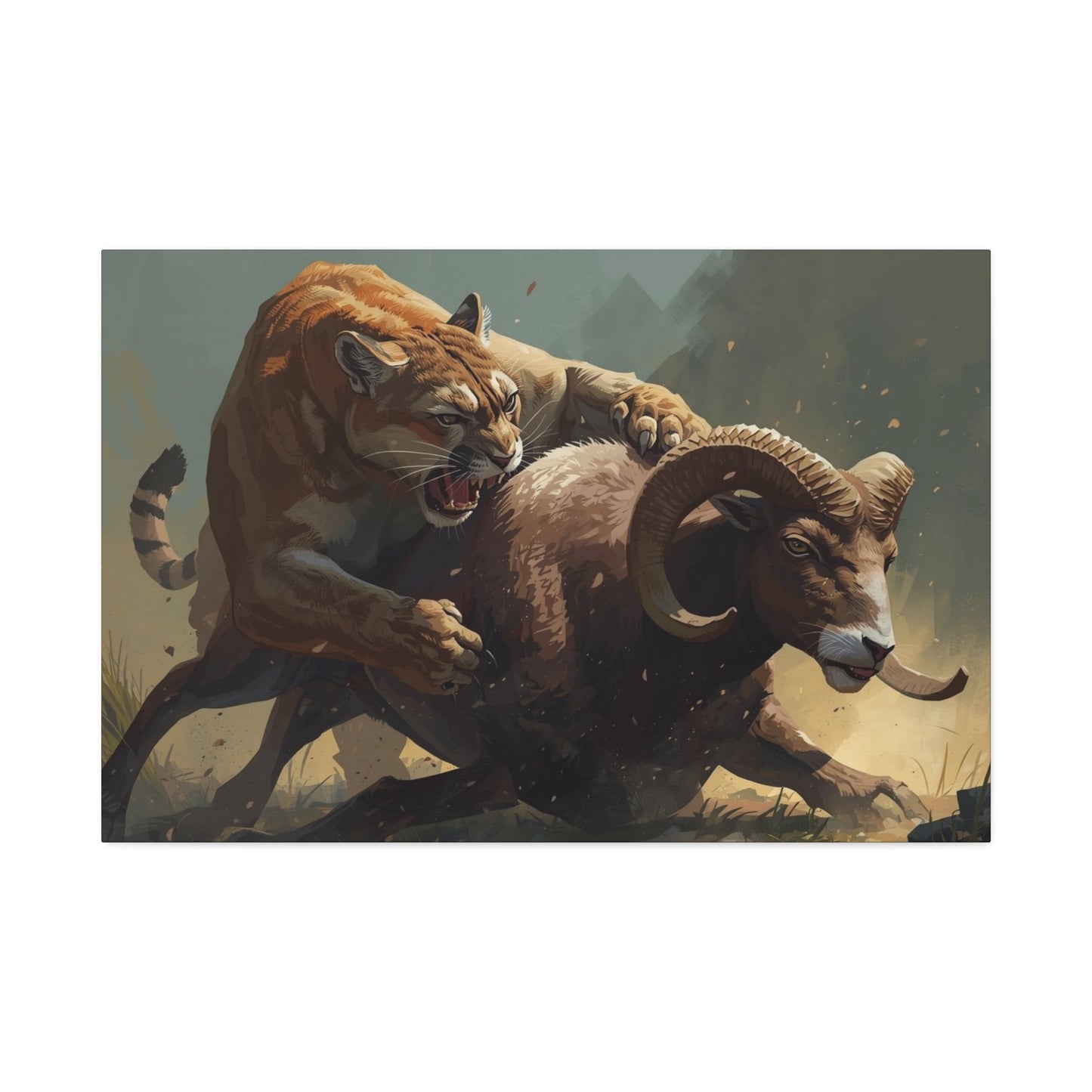 Canvas Art: Wildlife Mountain Lion vs Ram