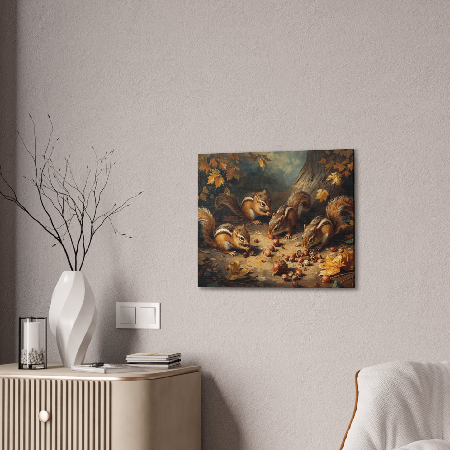Canvas Wall Art, Chipmunks Gathering Acorns