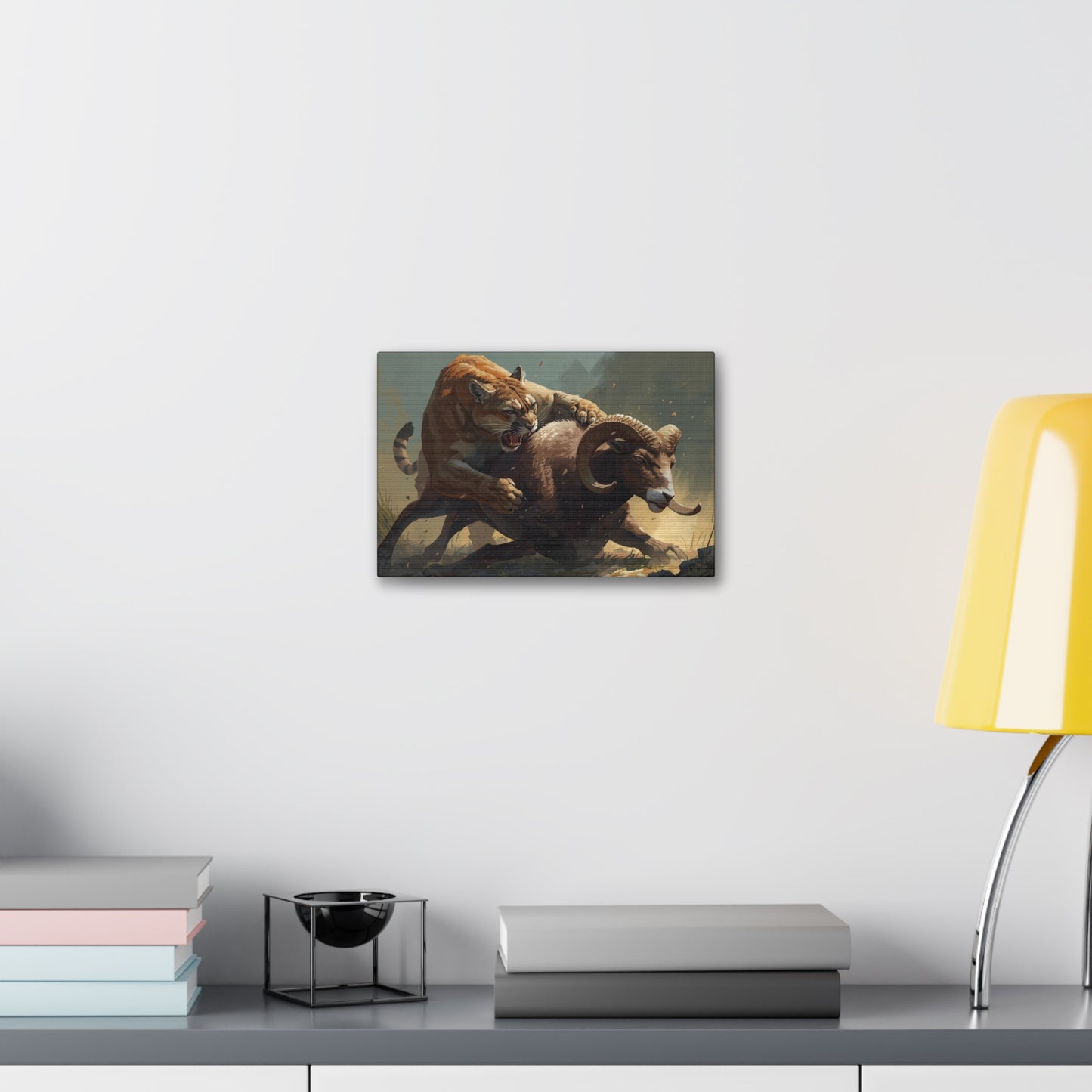 Canvas Art: Wildlife Mountain Lion vs Ram