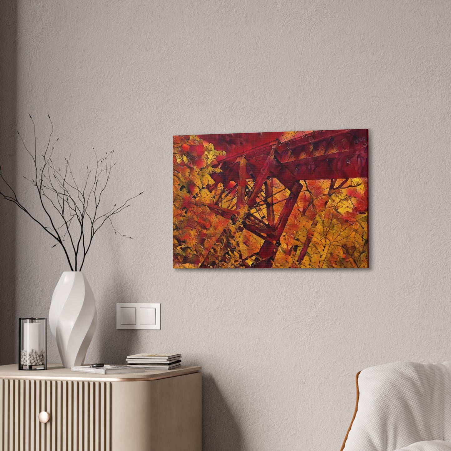 Vibrant Autumn Bridge Landscape Wall Decor