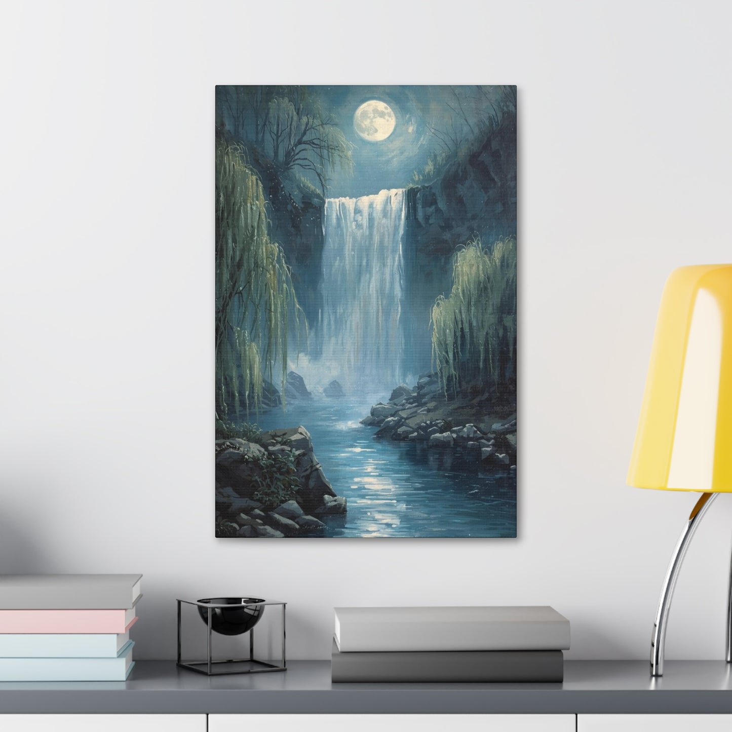 Moonlit Waterfall Canvas Art Print, Tranquil Wall Decor, Nature Landscape, Home Office Decoration, Gift for Nature Lovers, Serene Artwork