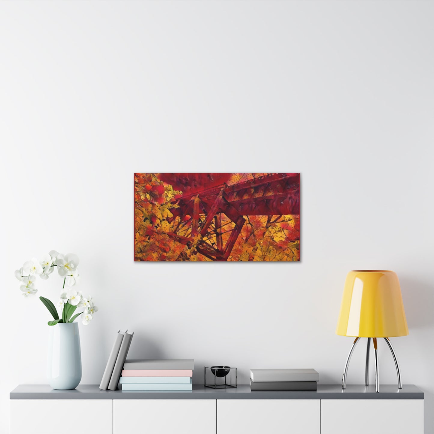 Vibrant Autumn Bridge Landscape Wall Decor
