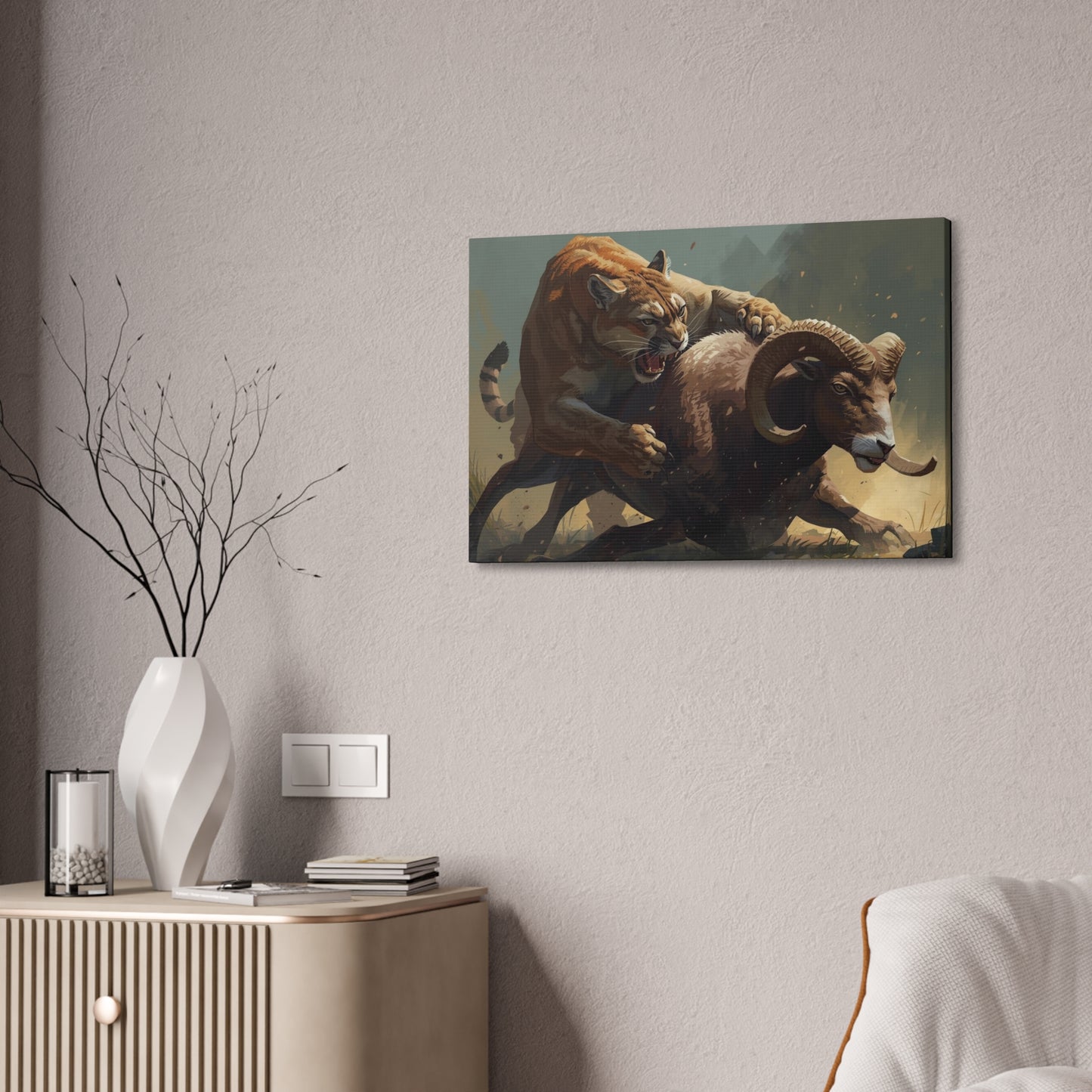 Canvas Art: Wildlife Mountain Lion vs Ram