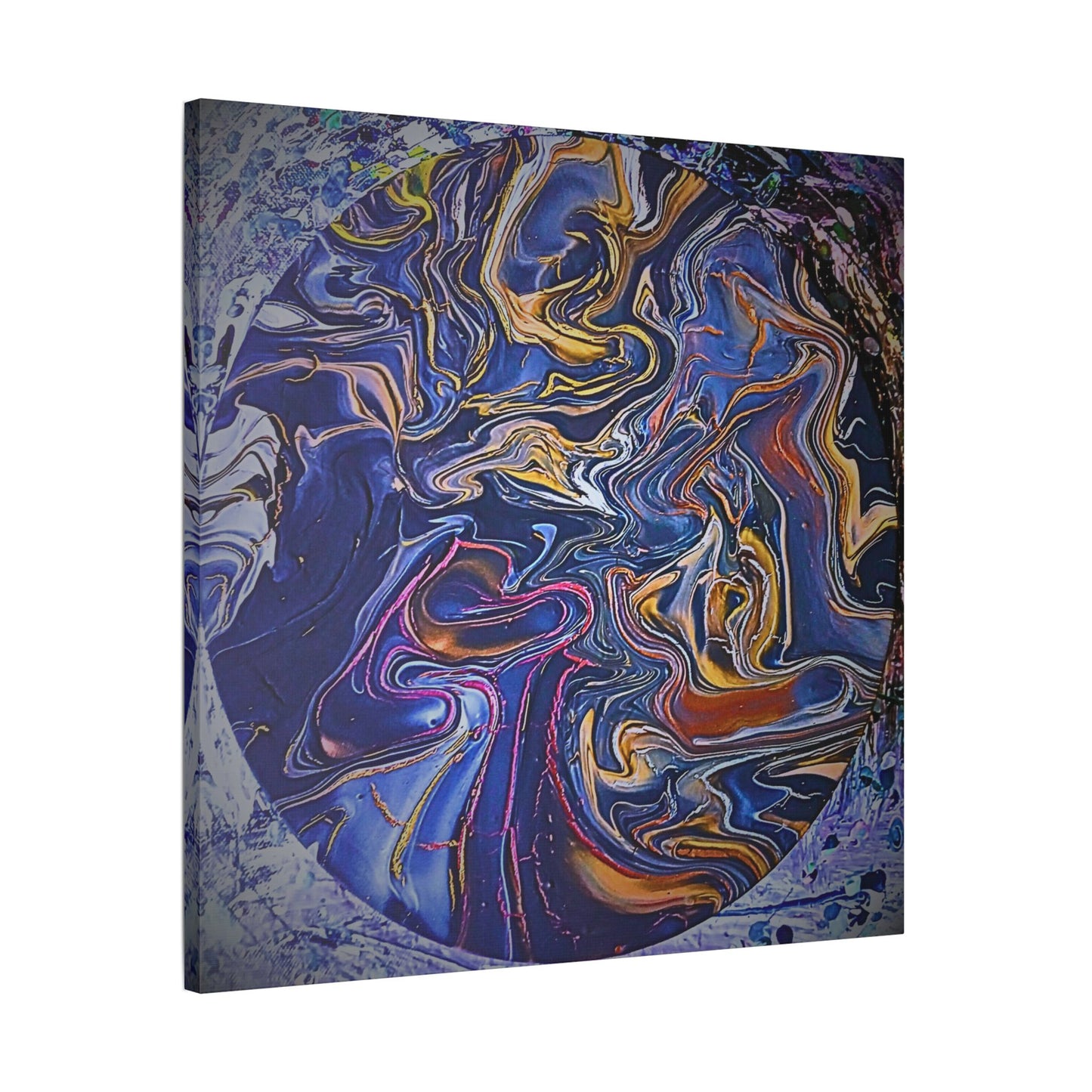 Abstract Blue Gold Swirl Satin Canvas Stretched Print | Fluid Art Wall Decor