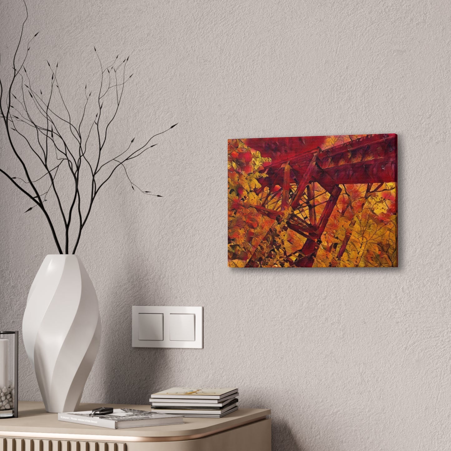 Vibrant Autumn Bridge Landscape Wall Decor