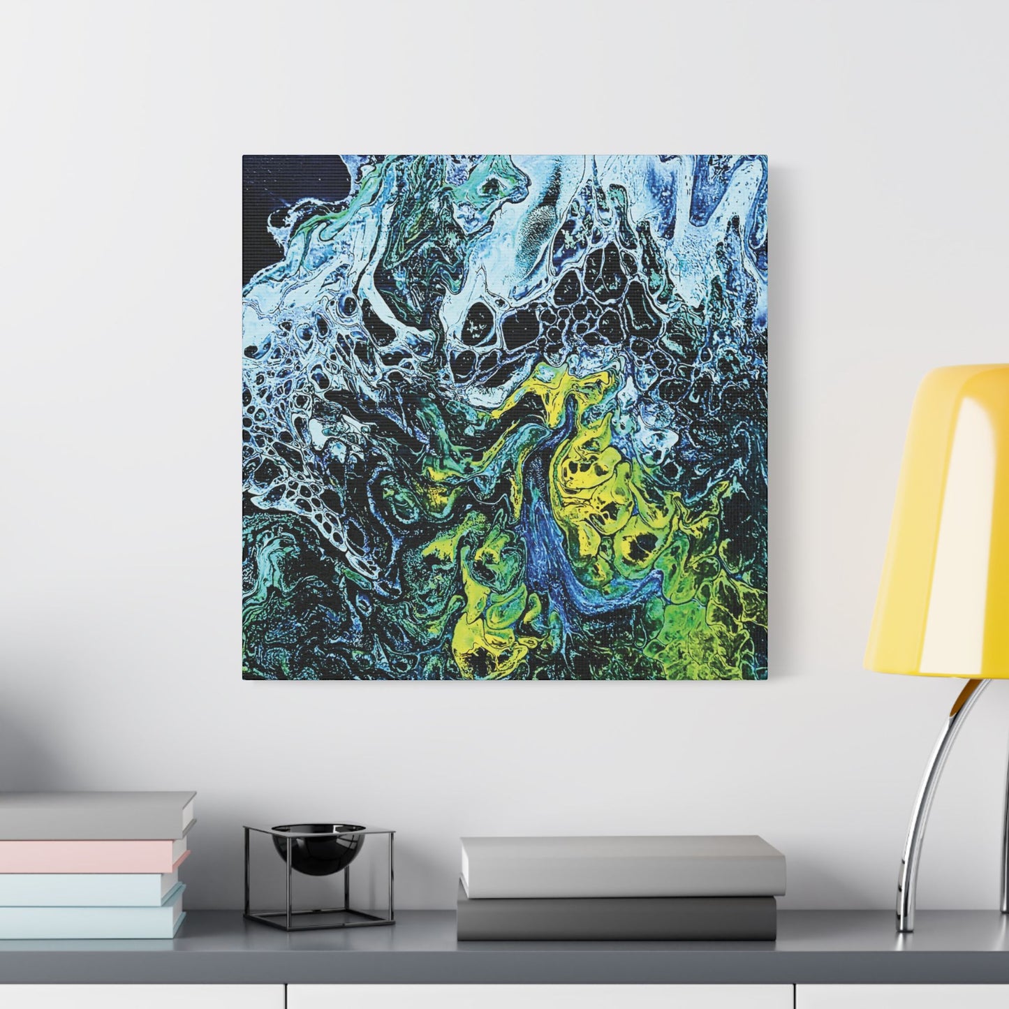 Hand Painted Abstract Ocean Fluid Art Print Satin Canvas Stretched | Blue Green Yellow