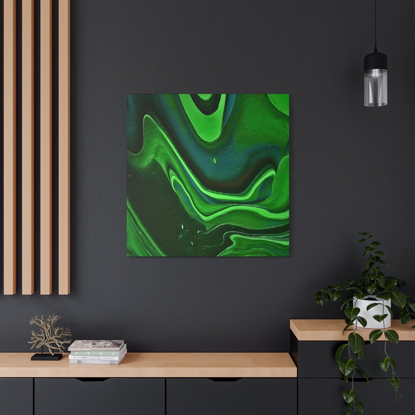 Hand Painted Abstract Green Fluid Art Satin Stretched Canvas Wall Art Print