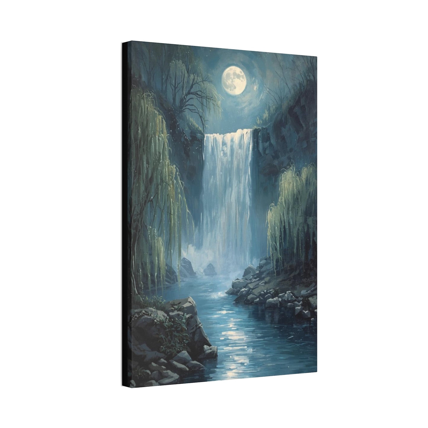 Moonlit Waterfall Canvas Art Print, Tranquil Wall Decor, Nature Landscape, Home Office Decoration, Gift for Nature Lovers, Serene Artwork
