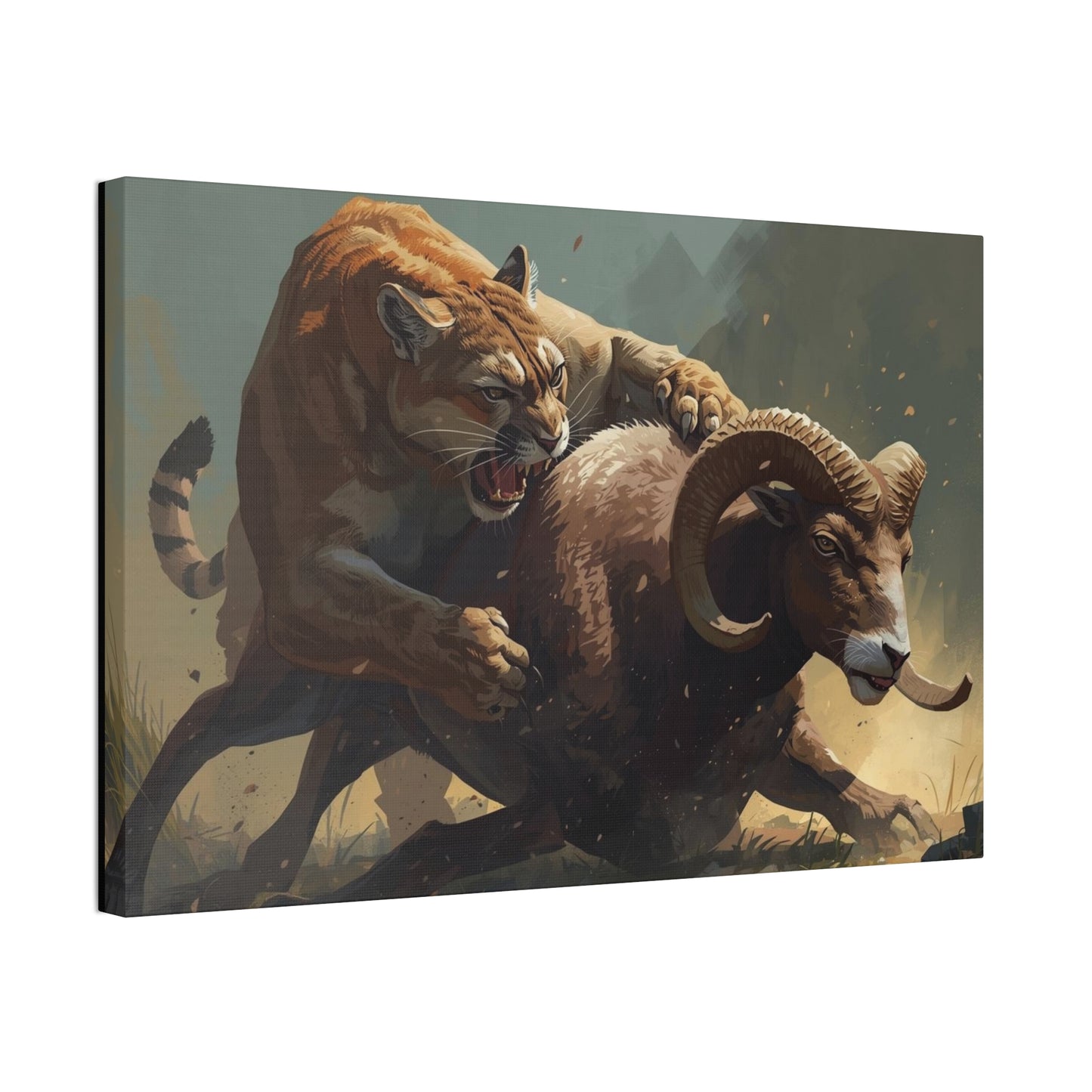 Canvas Art: Wildlife Mountain Lion vs Ram
