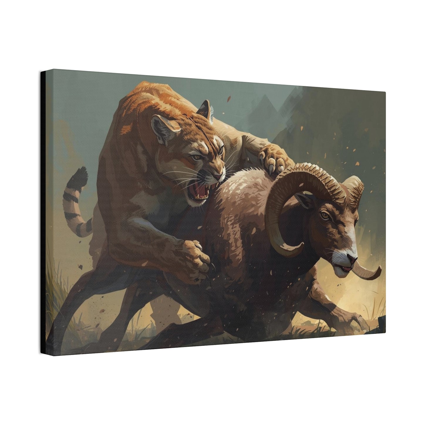 Canvas Art: Wildlife Mountain Lion vs Ram